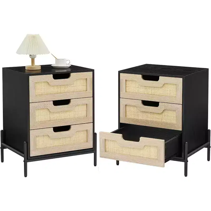 Nightstand, Rattan Nightstand, Boho Cabinet with 3 Drawers, Bedside Table for Bedroom, Rattan Cabinet, Living Room, Natural, 2 Pack