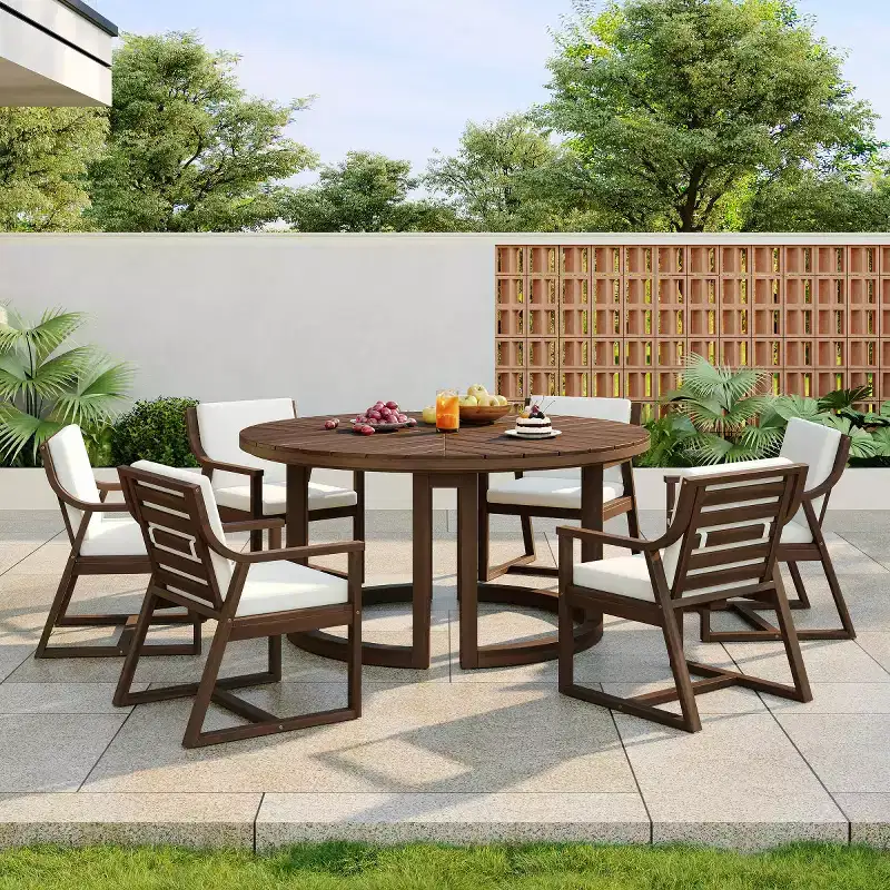 7-Piece Wood Patio Dining Set for 6, Round Table with Umbrella Hole and Cushioned Chairs for Garden or Backyard-Panipeachy