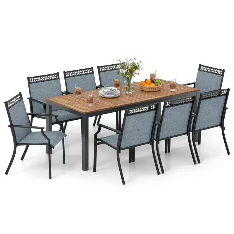 Gymax 9PCS Patio Dining Set for 8 w/Quick-Drying Fabric Sturdy Acacia Wood for Garden