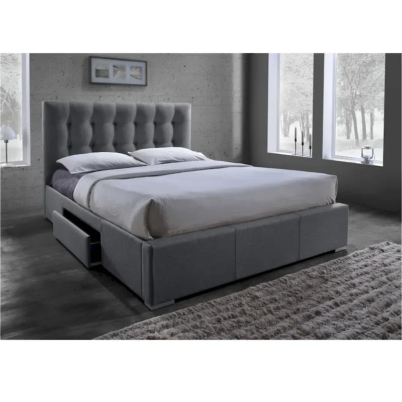 Contemporary Grid-Tufted Grey Fabric Storage Bed with 2 Drawers