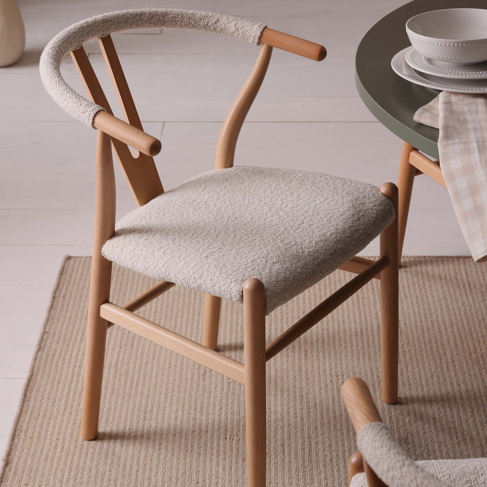 Scandi Ivory Boucle Dining Chair with Rope-Inspired Frame for Dining Room