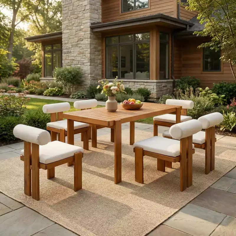 Christopher Knight Home Lucia Modern 7 Piece Patio Acacia Upholstered Dining Set with Round Back and Slatted Table