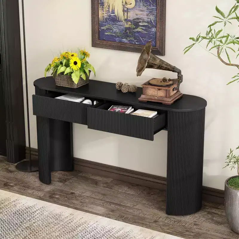 Entryway Table with Fluted Design Modern Console Table with Storage Oval Top and 2 Drawers for Entryway and Living Room Black