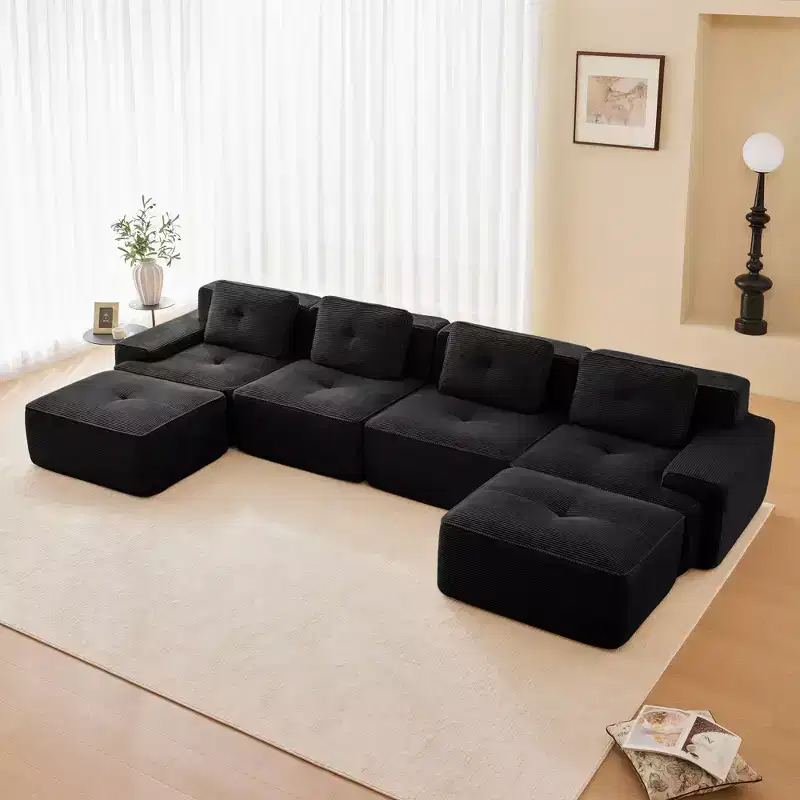 153 Modern U-Shaped Modular Sectional Sofa for Living Room, Corduroy Fabric,4-Seater Couch with Deep Seat and 2-Movable Ottoman, Camel