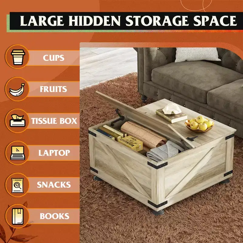 GALAXHERO Coffee Table, Square Wood Flip-Top Center Table for Living Room and Bedroom with Hidden Storage, 31.5