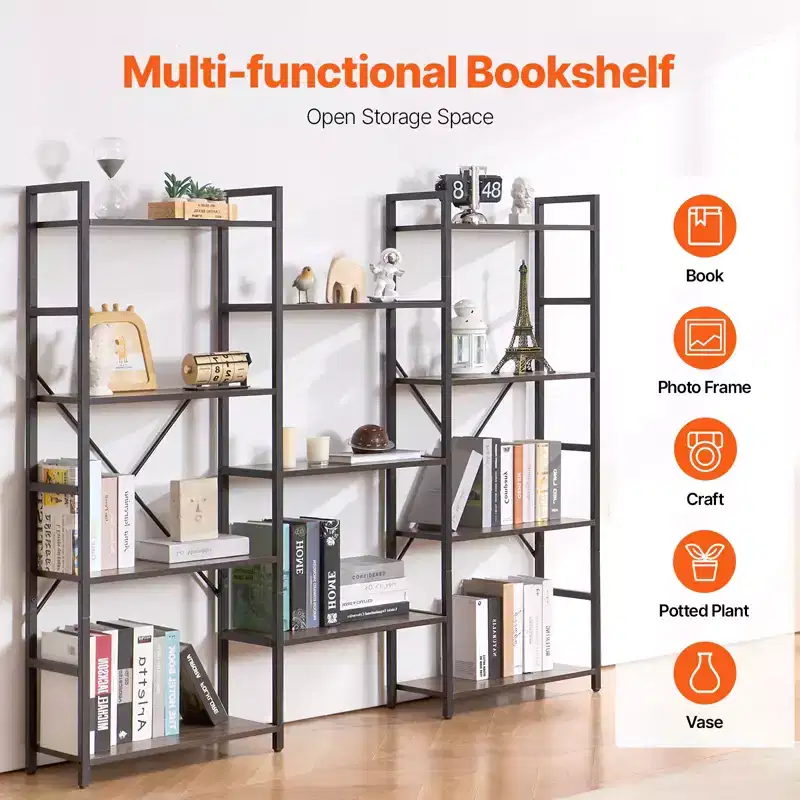 Triple Metal 11-Tier Industrial Bookshelf, Rustic Vintage Open Shelving Display
