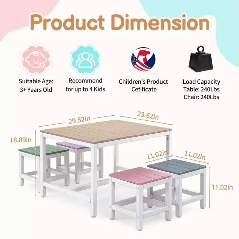 Karl Home 5-Piece Kids Solid Poplar Wood Kids Table Set Patio Table & Chair Set