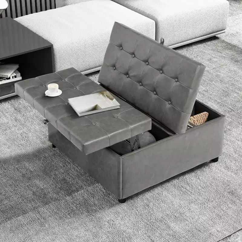 35.5 Inch Square Ottoman With Storage, Large Ottoman Coffee Table, 500 lb Capacity, Gray