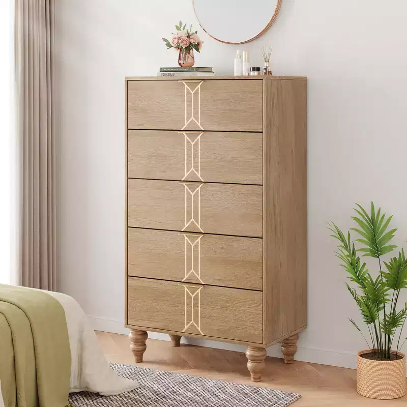 5 Drawers Dresser, Modern Wooden Tall Dresser with Deep Drawers, Chest of Drawers for Bedroom, Living Room, Hallway, Entryway