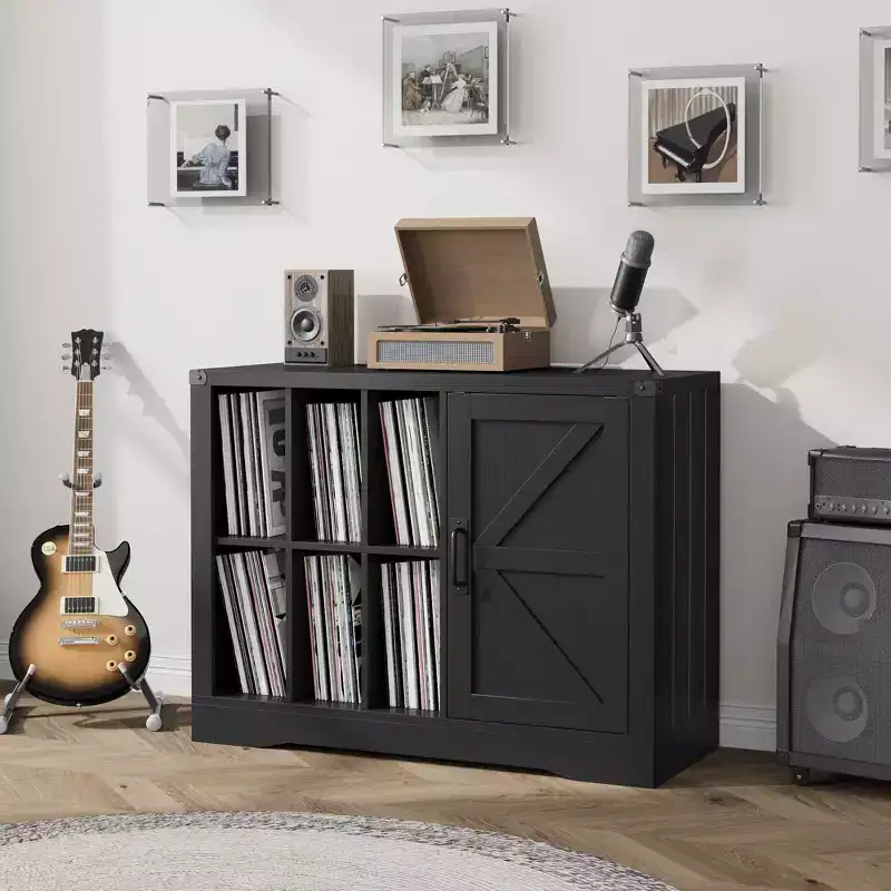 Record Player Stand with Vinyl Storage, Farmhouse Turntable Cabinet with Door, Vinyl Display Holder Shelves, Wooden Storage for Living Room, Black
