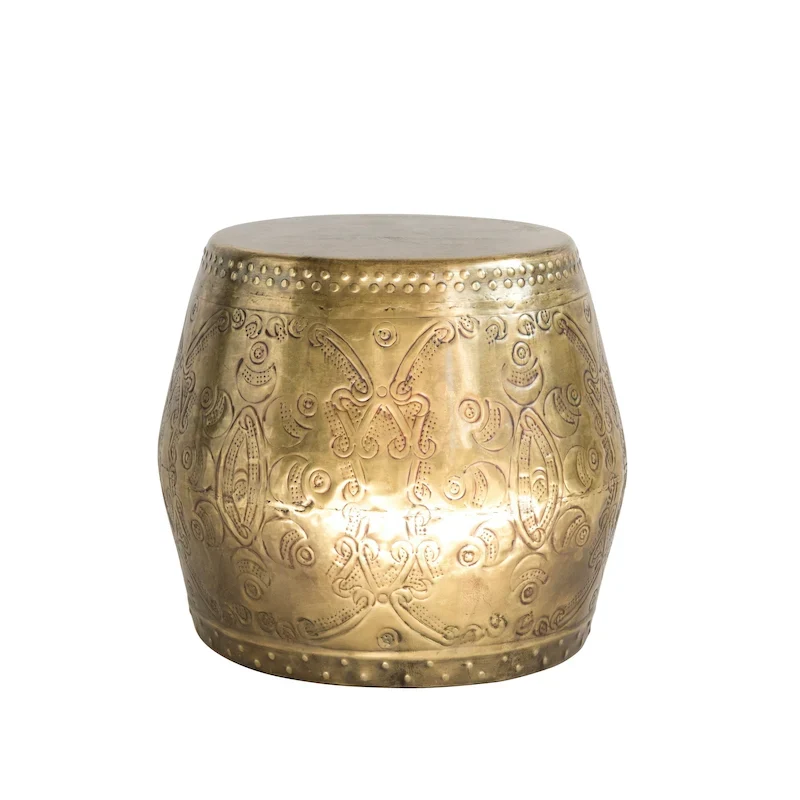 Debossed Metal Drum Side Table – Brass, Round, Modern Style, Single