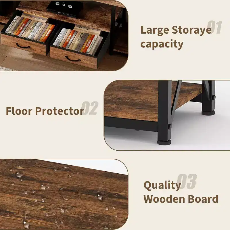 Wood & Fabric TV Console Table with Open Shelves and Drawers