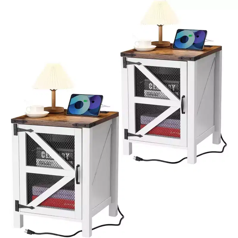 COZONY Set of 2 Nightstands with Charging Station and Barn Door Storage, Farmhouse End Table Sofa Side Table for Bedroom, Living Room