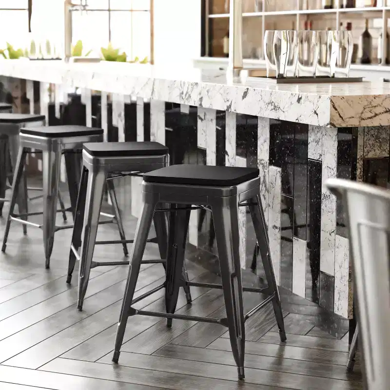 Emma and Oliver Set of Four Backless Metal Stools with All-Weather Poly Resin Seats for Indoor Use Only