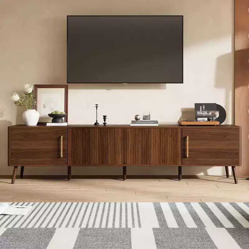 78 TV Stand for TVs up to 85, Fluted TV Console Media Console Walnut TV Cabinet Media Entertainment Center with Push-open Soft-close Door-ModernLuxe