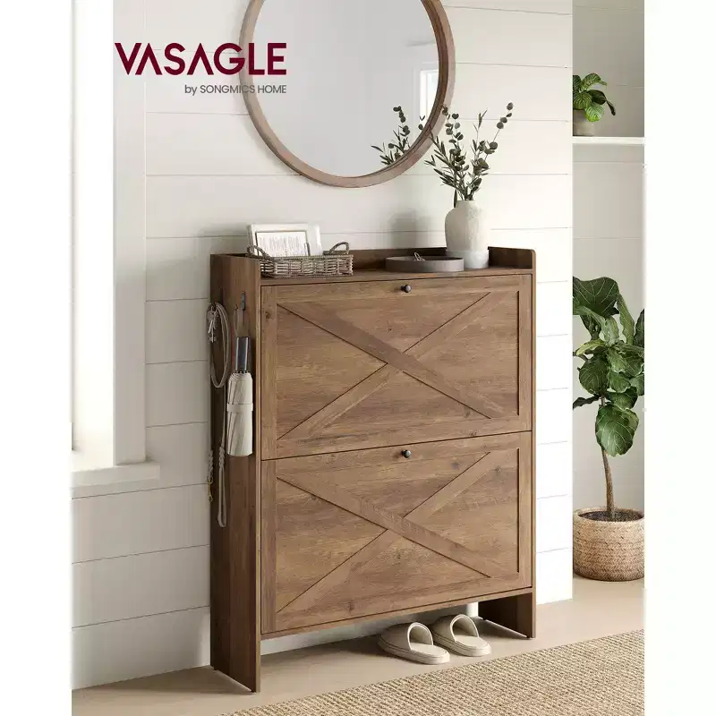 Shoe Storage Cabinet Organizer with 2 Flip Drawers, Freestanding Narrow Shoe Rack Cabinet for Entryway, Farmhouse Style, Fits 14 to 16 Pairs