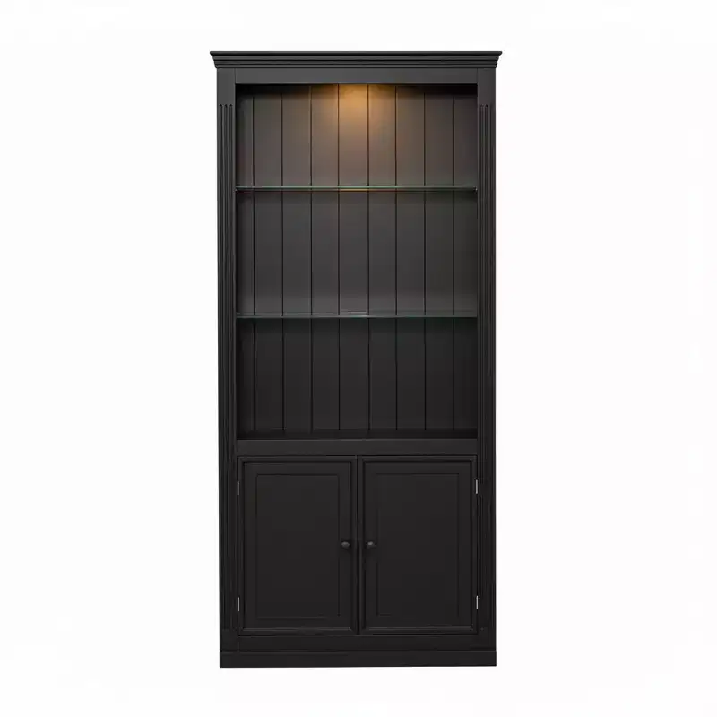 78.75'' Tall Bookcase, Display Cabinet with 5-Color Adjustable LED Ceiling Light & Tempered Glass Shelves, Retro Style - ModernLuxe