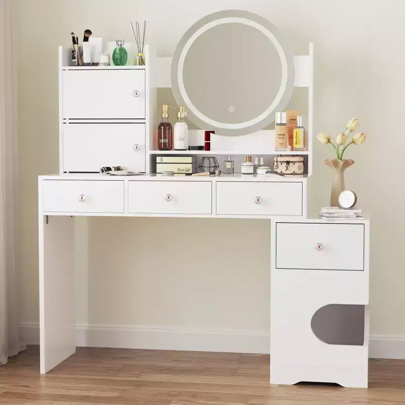 Modern Makeup Vanity with Lights and Charging Station, Small Vanity Desk with Cat Hole and Multi-Tier Storage Shelves, White