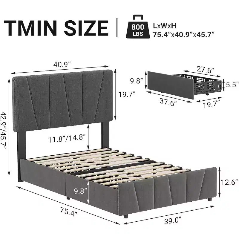 Twin Size Bed Frame with Adjustable Headboard and 2 Drawers, Wooden Slats Support,No Box Spring Needed, Easy Assembly