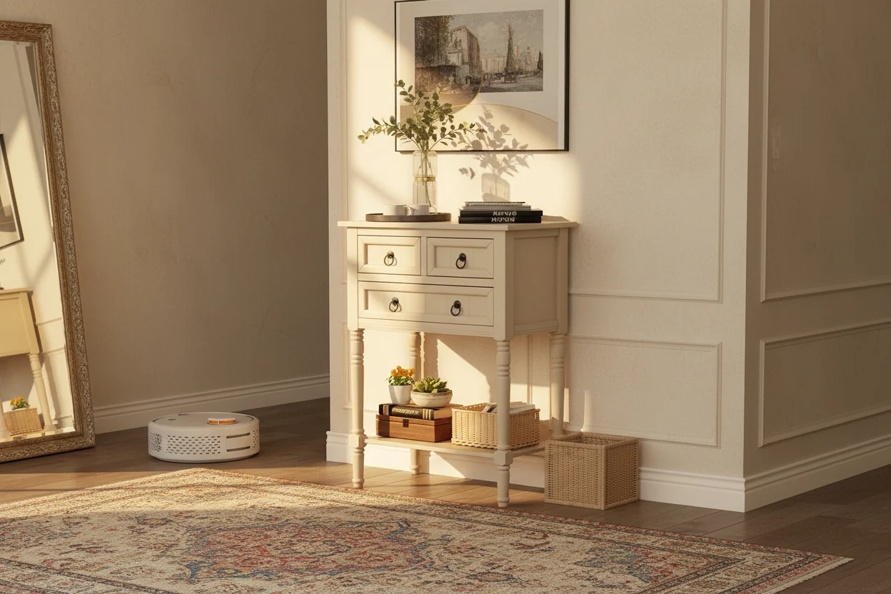 Console Entryway Table with 3 Drawers Open Shelf for Hallway Living Room Beige