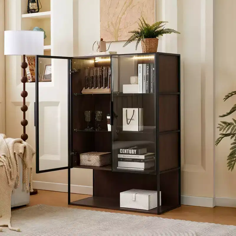 51.25'' Tall LED Lighted Display Cabinet with Tempered Glass Door, Modern Metal Frame Curio Bookshelf for Living Room, Office/Study, Black-ModernLuxe