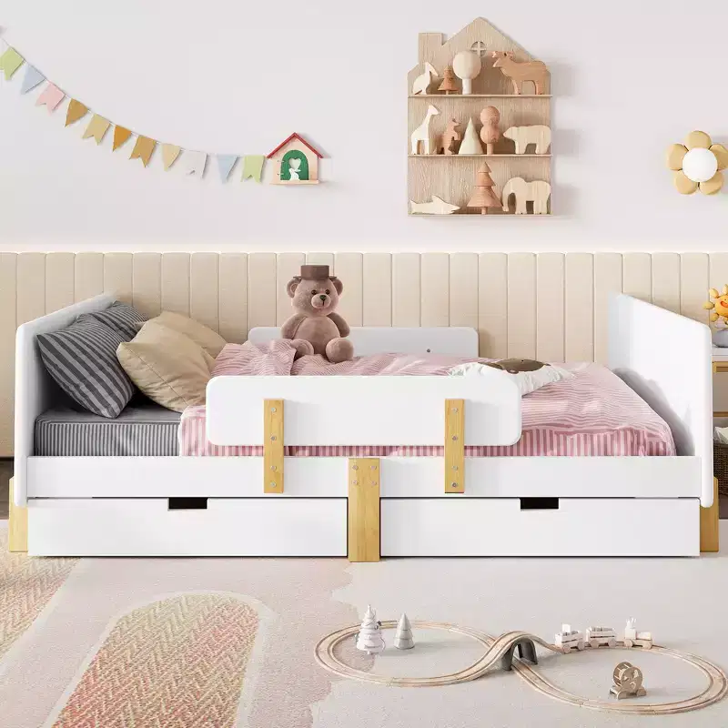 JVNOXK 59.06''Full Size Platform Bed with Storage Drawers, Solid Wood Beds Frame with Bed Guardrail, Small Shelf,Hooks, No Box Spring Needed, White