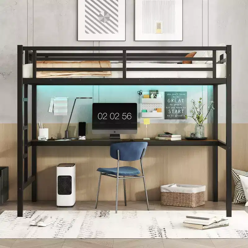 Twin XL Loft Bed with Desk, LED Lights, and Power Outlets – Black