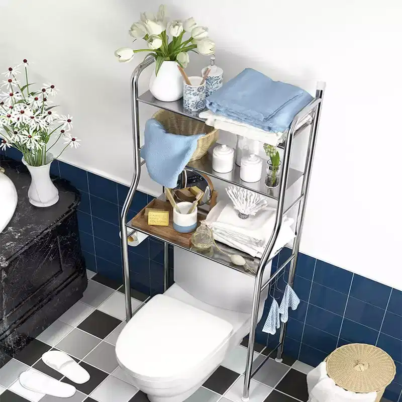 Over The Toilet Storage Cabinet, Metal Bathroom Organizer with Paper Holder & Hooks, No Drill Floor Standing, White