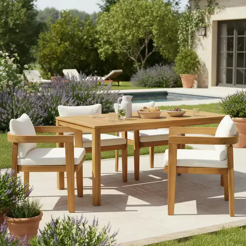 Christopher Knight Home Virote Modern 5 Piece Patio Acacia Wood Dining Set with Umbrella Hole and Slatted Table