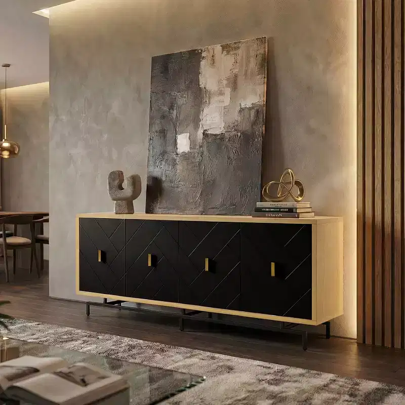 74 Modern Black TV Stand for Entertainment Center, Large Media Console with 4 Cable Management Ports, Metal Base for Living Room
