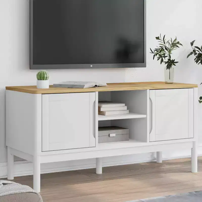vidaXL TV Stand Floro - Solid Pine Wood - Modern White Cabinet - 44.9x16.9x21.7 - Fits 51-60 TVs - Ample Storage - Ideal for Living Room