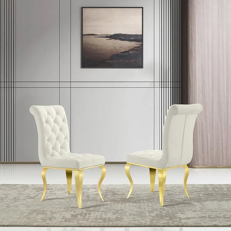 White Velvet Button-Tufted Dining Chair with Gold Legs, Set of 2/4/6