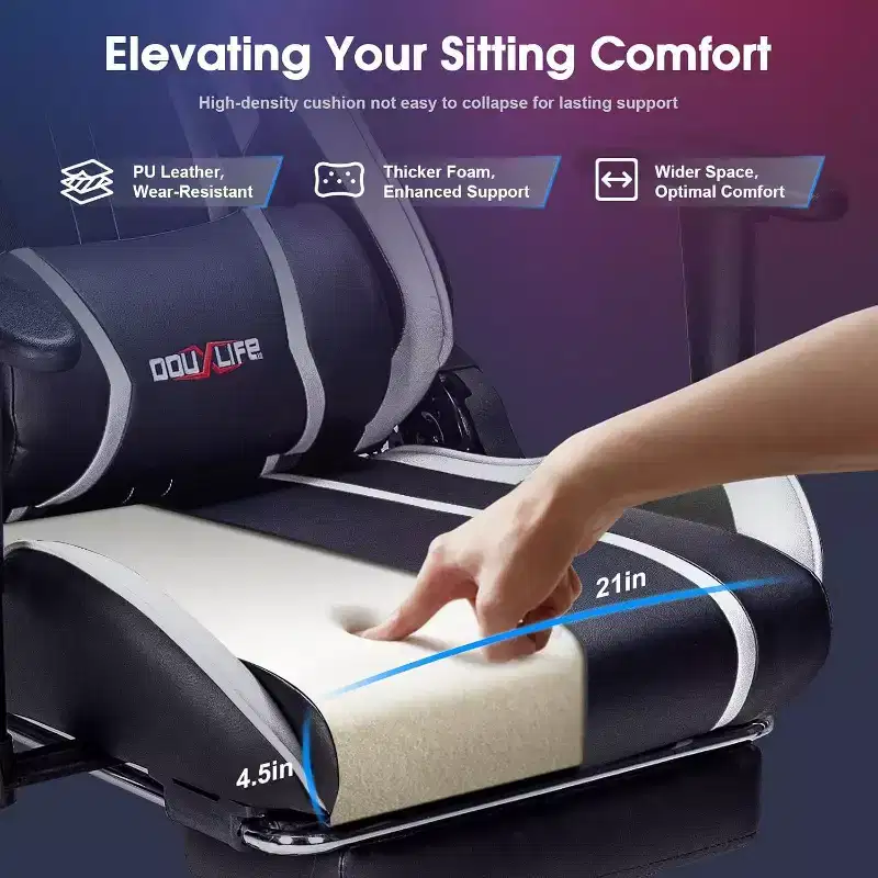 Douxlife Modern 7-Point Massage Ergonomic Gaming Chair with Footrest & Adjustable Armrests Black White