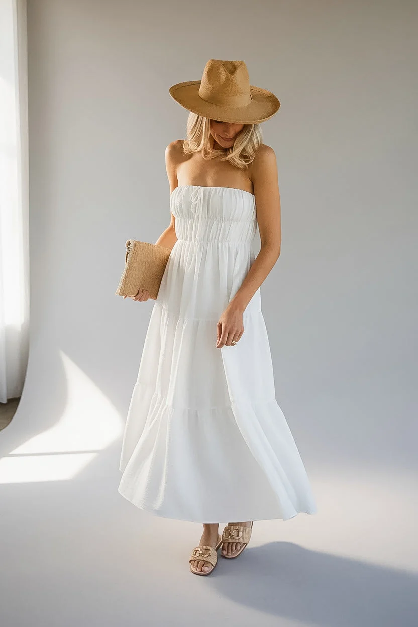 White Strapless Tiered Maxi Dress