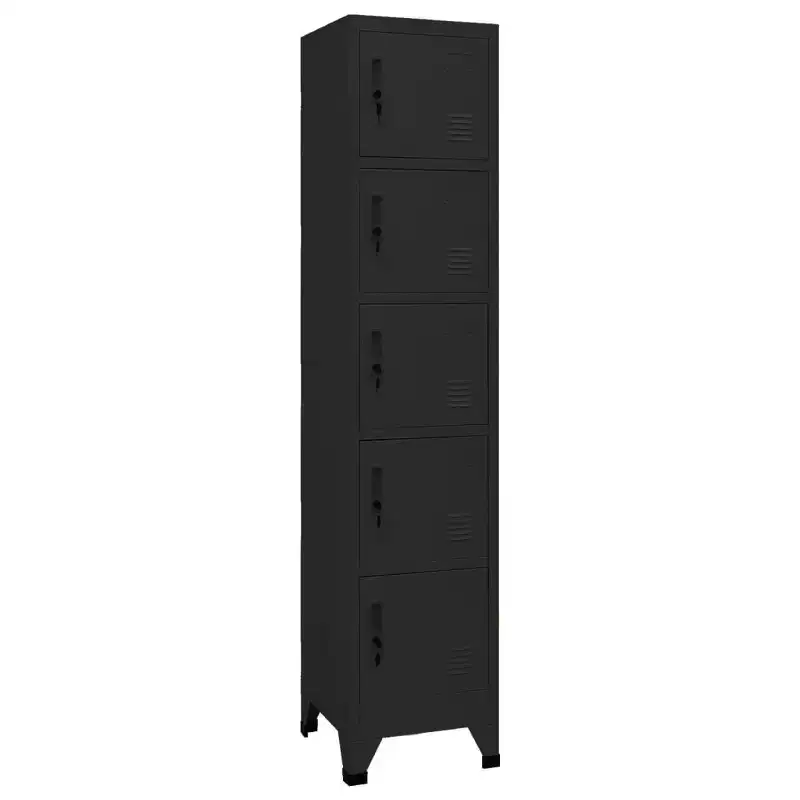 Steel Locker Cabinet - Modern, Lockable, Ventilated, with 5 Compartments and Name Tag Holders - Black