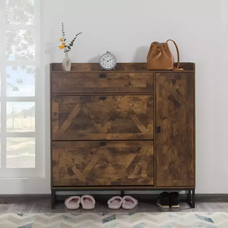Slim Shoe Cabinet with 2 Flip Drawers & Side Cabinet, Space-Saving Entryway & Closet Organizer