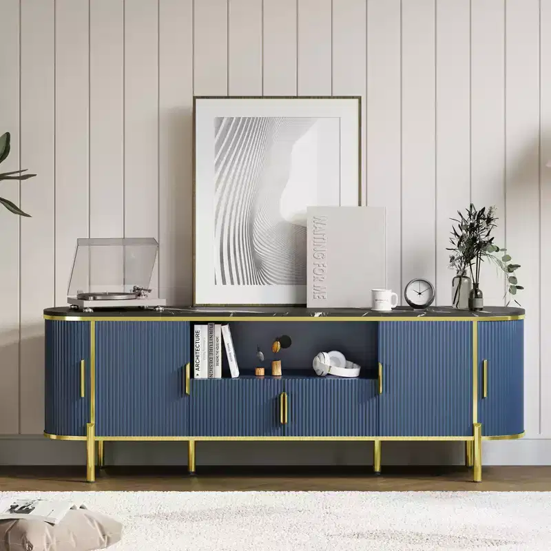 70 Fluted TV Stand with Faux Marble Top, Entertainment Center for TVs Up to 80 Inches, Wood Media Console with Curved Profile Sliding Doors