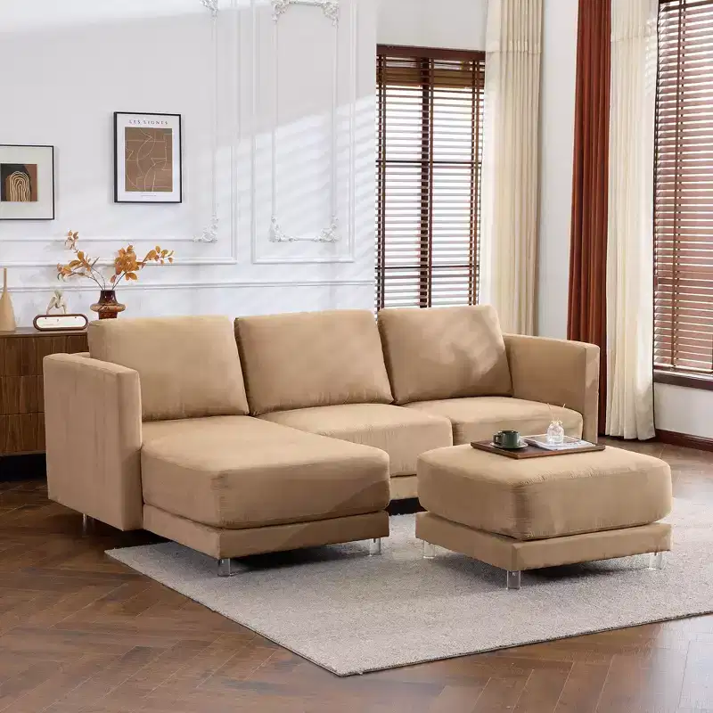 Karl Home |110 in. W Square Arm Suede 3-Seat U-shaped Fluttua Sofa in Brown