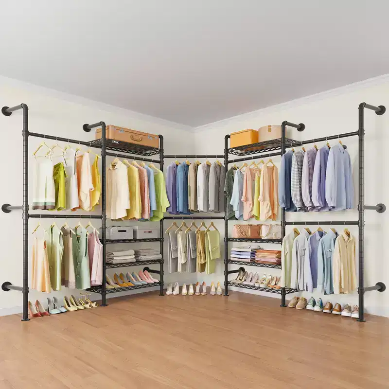L5 Expandable Wall Mounted Clothes Rack for Corner, L Shape Heavy Duty Industrial Pipe Clothing Rack