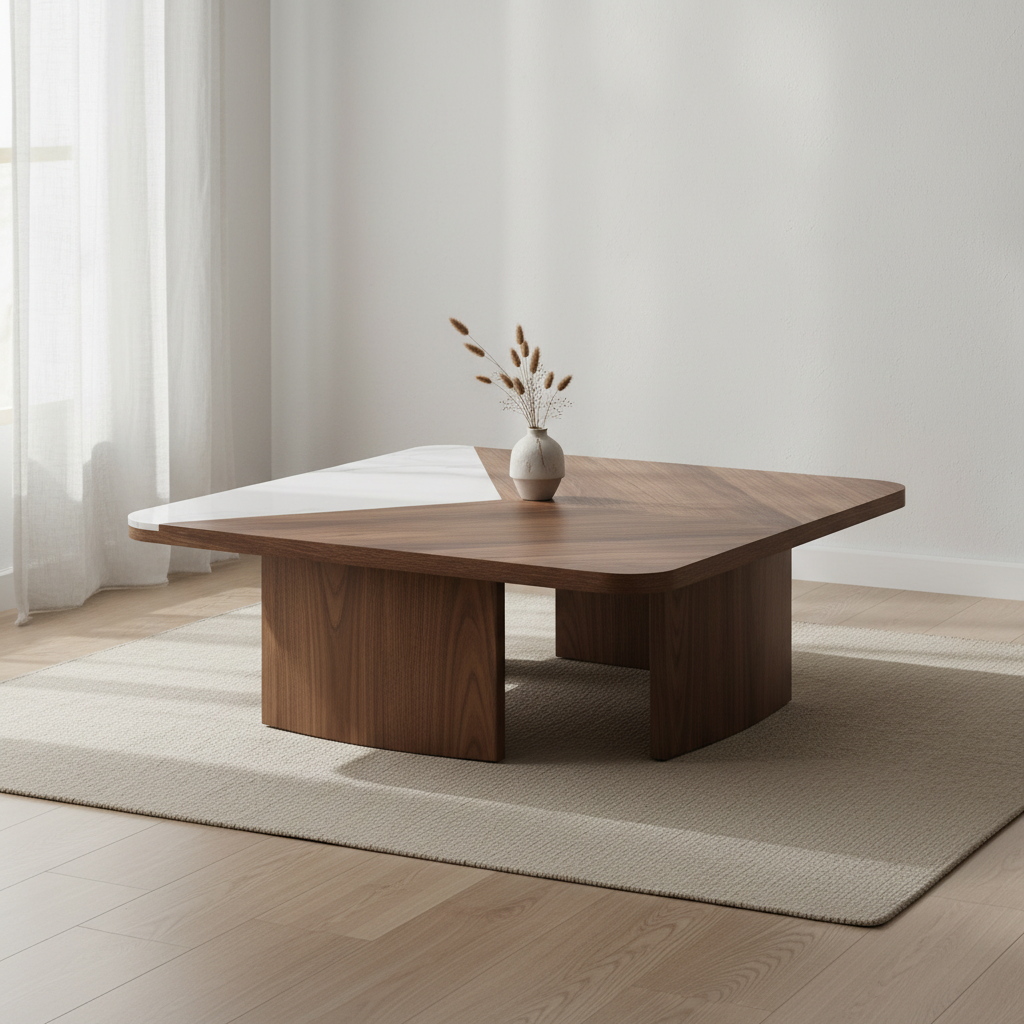 Modern 35.43 Square Coffee Table, Solid Wood Veneer with White Sintered Stone Table Top
