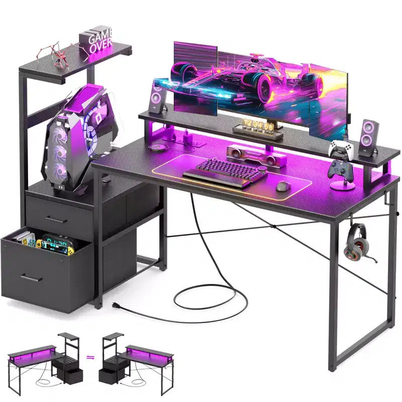 Besiost 60-In Computer Desk with Fabric Drawers and Charging Station