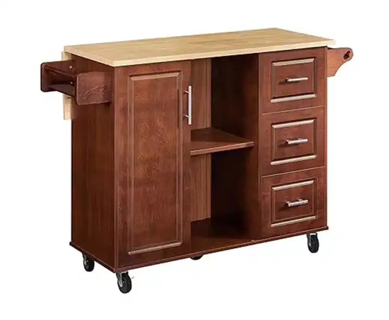 Brown Drop-Leaf Kitchen Cart with 3 Drawers & Cabinet, for 1