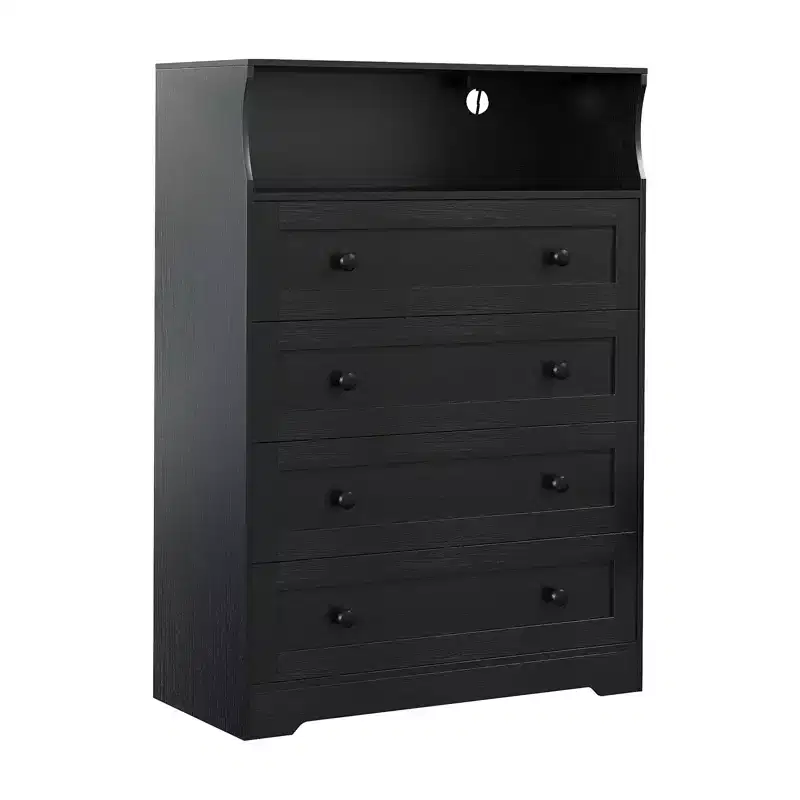 4-Drawer Wooden Dresser w/ LED Lights & Charging Station, Nightstand & Chest of Drawers, Storage Organizer for Bedroom Living Room Hallway Closet
