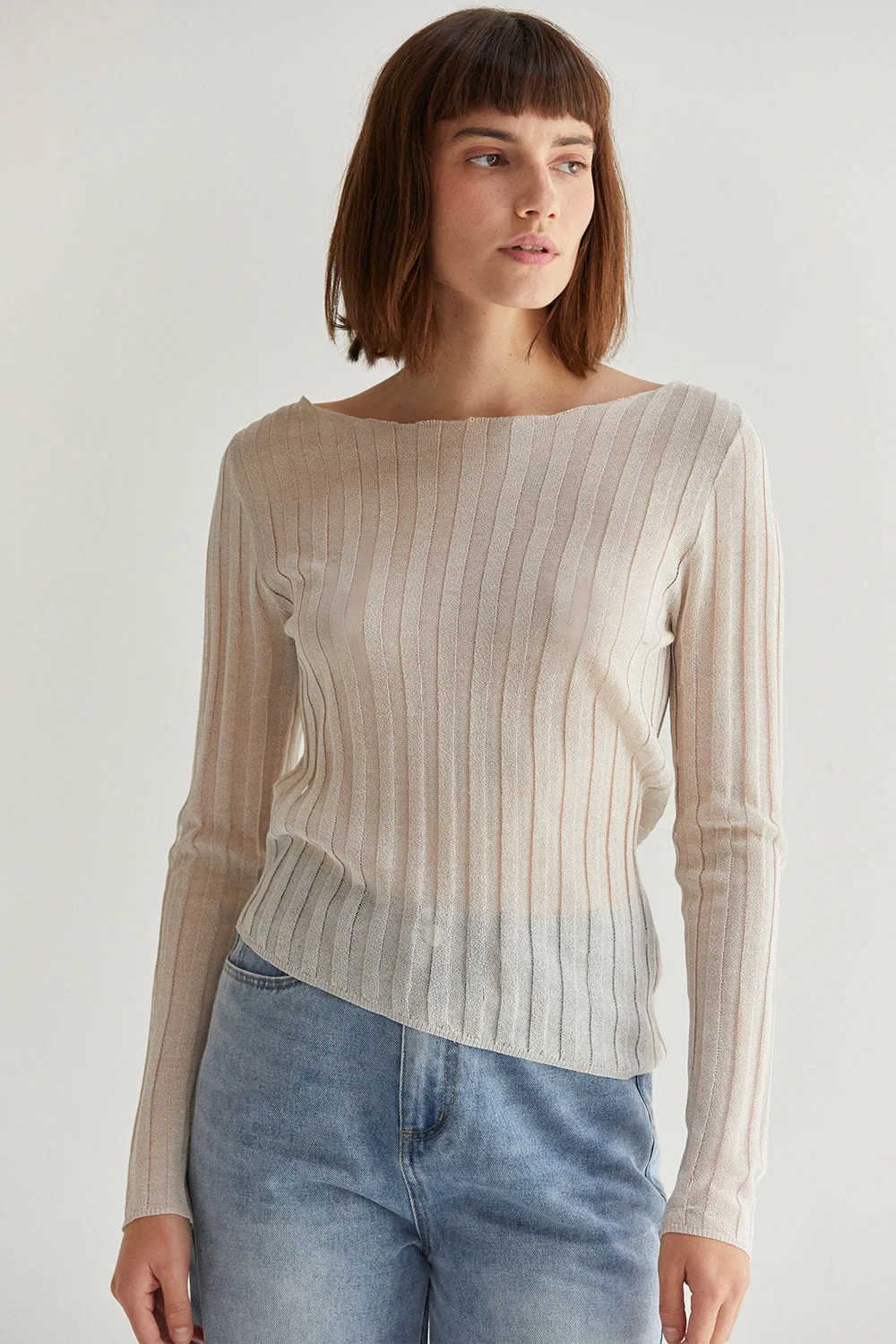 Long Sleeve Semi-Sheer Ribbed Knit Boat Neck Top
