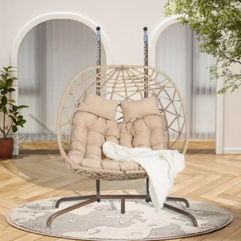 Double Egg Chair with Stand Hanging Indoor Outdoor Wicker Rattan Patio Basket Egg Swing Chair Hammock Egg Chairs