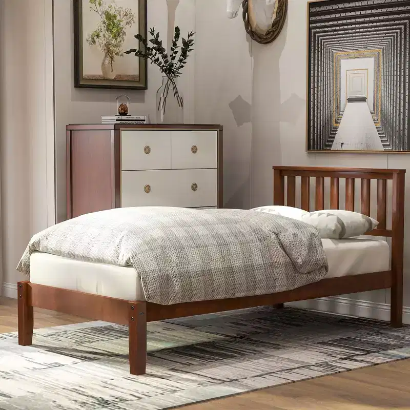 Twin Size Wood Platform Bed with Headboard and Wood Slat Support Walnut