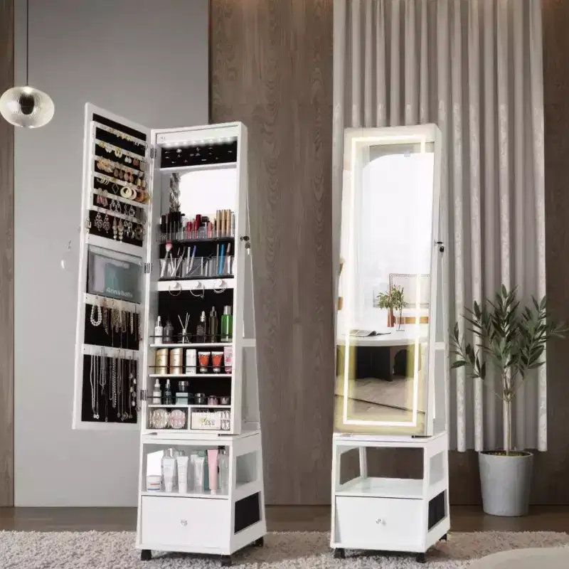 Wood Frame 360-Swivel Jewelry Armoire with LED Mirror & Velvet Interior 66.34''H Matte White