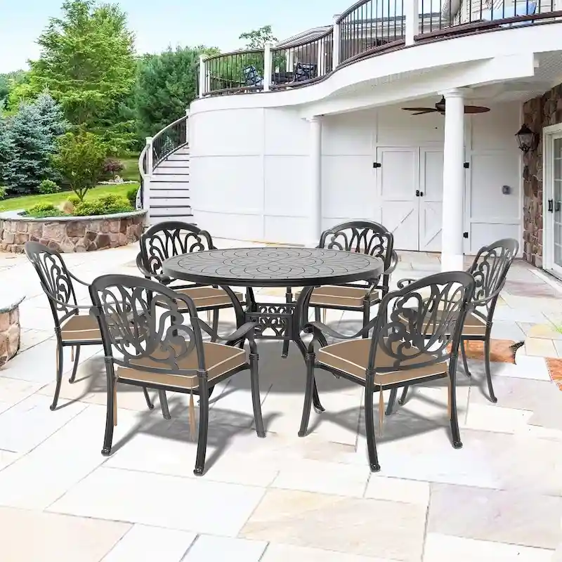 5/7-Piece Cast Aluminum Outdoor Dining Set with 47.24 in. Round Table and Random Color Seat Cushions