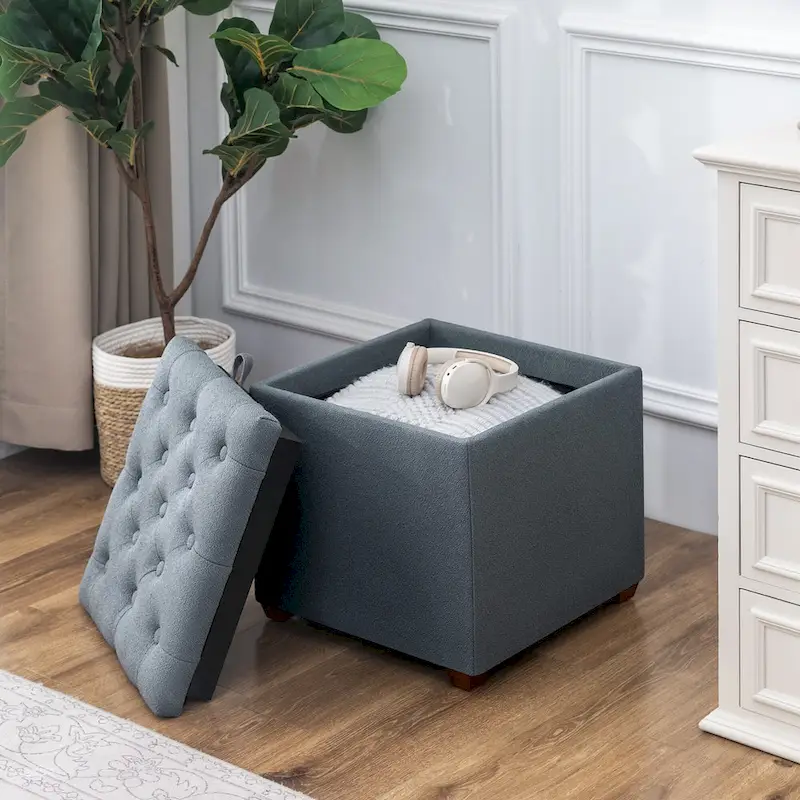 Adeco Fabric Square Ottoman with Tray