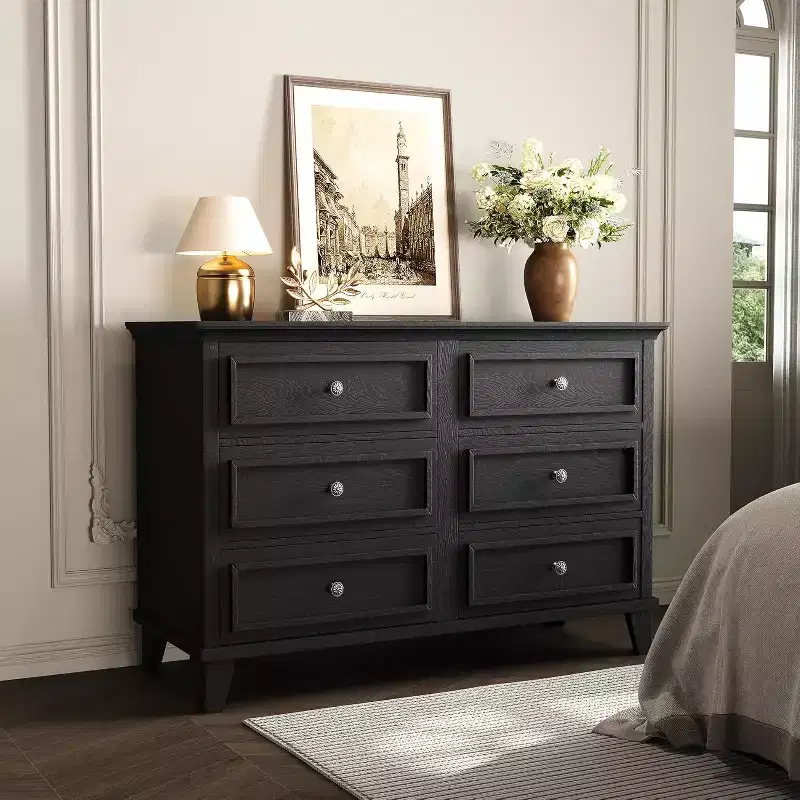 Farmhouse 6-Drawer Dresser in White, Double Wide TV Stand with Vintage Handles, Wood Chest of Drawers for Bedroom, Living Room, Hallway